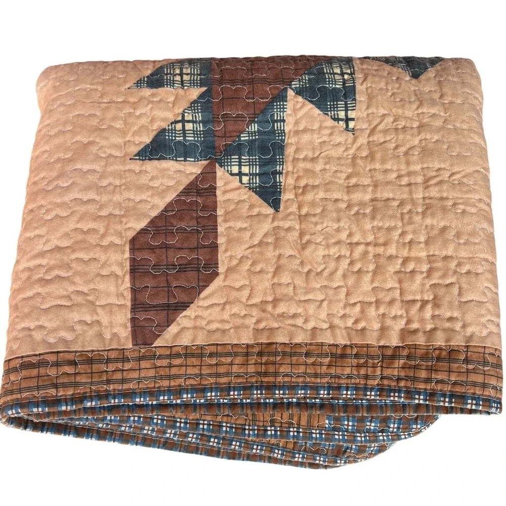 Handmade Primitive Star Patchwork Quilt Brown Blue Farmhouse Lap Throw 48x58
